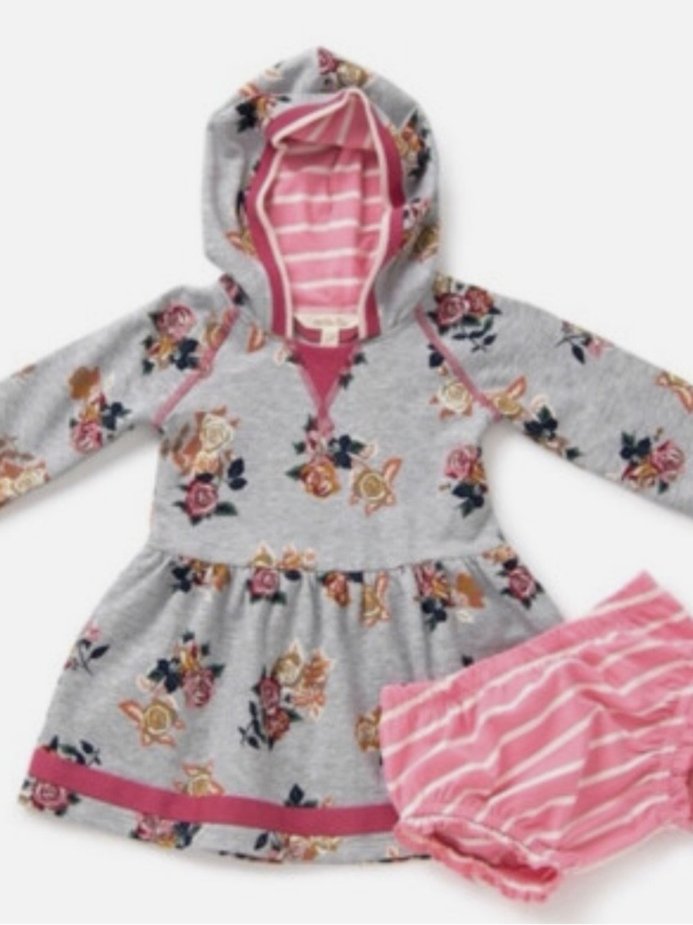Matilda Jane Girls Gray Floral Hooded Dress with Pink Striped Bloomers